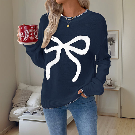 Damen Weihnachtlicher Oversize-Strickpullover mit Schleifenmotiv und gerippten Bündchen Shop Nory