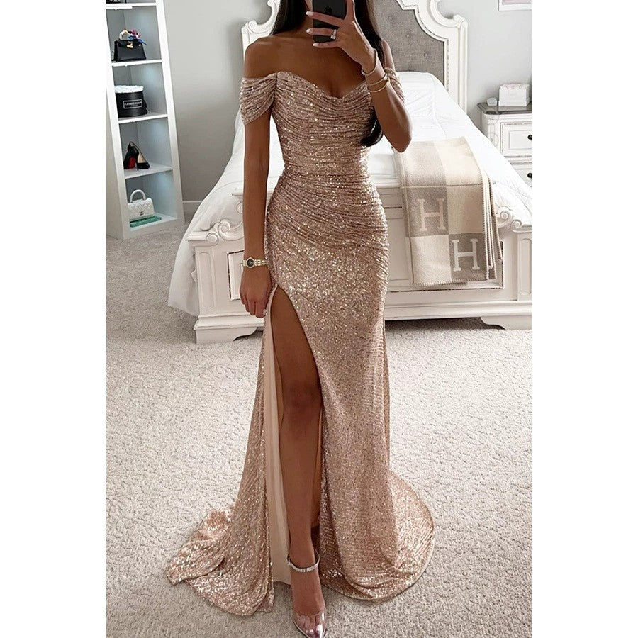 Damen Glitzerndes Off-Shoulder Abendkleid mit seitlichem Schlitz