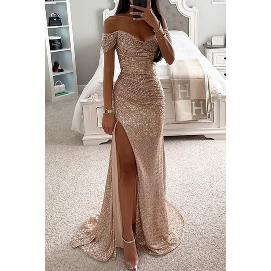 Damen Glitzerndes Off-Shoulder Abendkleid mit seitlichem Schlitz