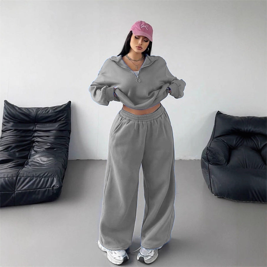 Damen Samt-Cropped-Ziphoodie und weit geschnittene High-Waist Palazzo-Jogginghose Shop Nory