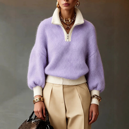 Damen Flauschiger Pullover mit halbem Reißverschluss, Stehkragen und Ballonärmeln Shop Nory