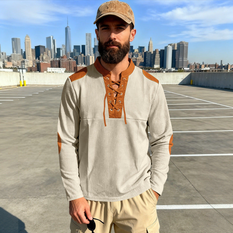 Herren Waffelstrick-Langarmshirt mit Schnürung und Kunstvelours-Ellbogenpatches Shop Nory
