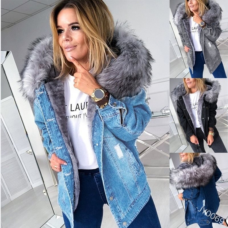 Damen Oversize Denim-Parka mit abnehmbarem Kunstpelzkragen und Used-Effekt Shop Nory