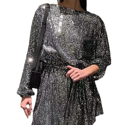 Damen Glamouröses Cocktailkleid mit funkelnden Lurex-Fäden und elastischem Taillengürtel