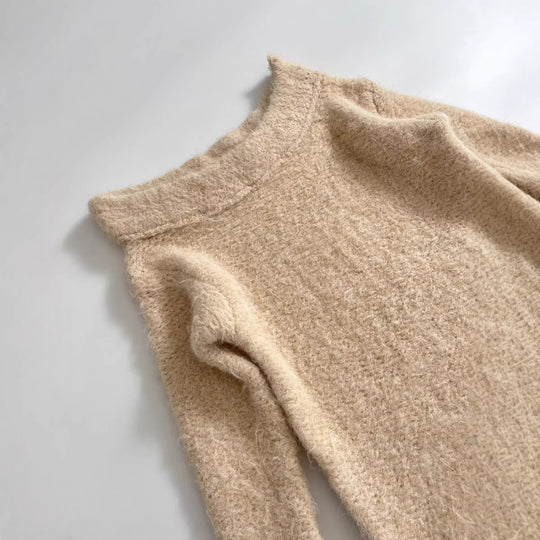 Damen Flauschiger Strickpullover mit Carmenausschnitt und Spitzenbesatz Shop Nory