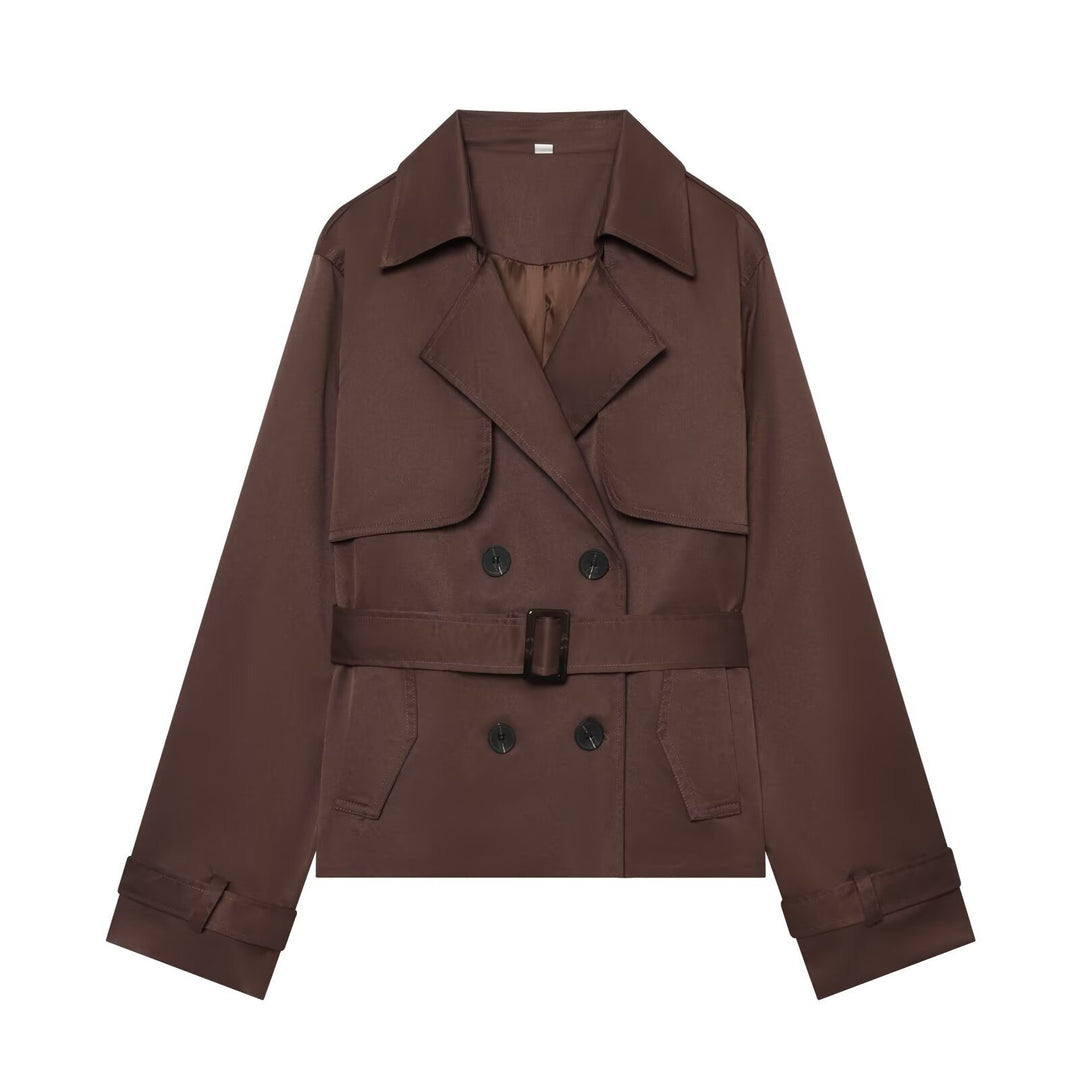 Damen Kurzer Cropped-Trenchcoat mit doppelreihiger Knopfleiste, Taillengürtel und Schulterpatten Shop Nory