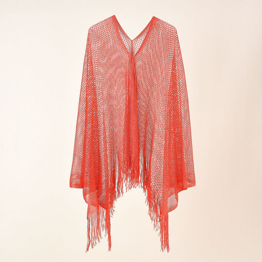 Damen Feinstrick-Mesh-Stola mit Metallic-Glanz und langen Fransen Shop Nory