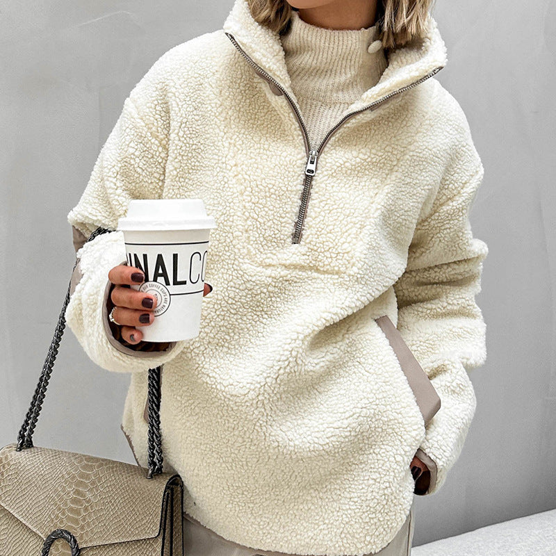 Damen Oversized Sherpa-Fleece Pullover mit halbem Reißverschluss und Kängurutasche Shop Nory