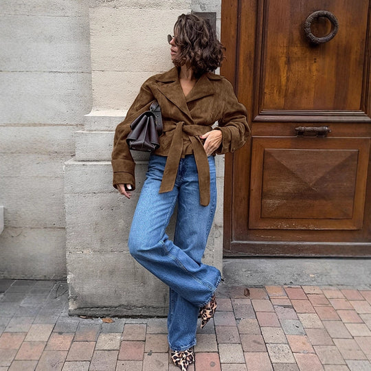 Damen Kurzblouson aus Wildleder‑Look mit Bindegürtel und kastiger Silhouette Shop Nory