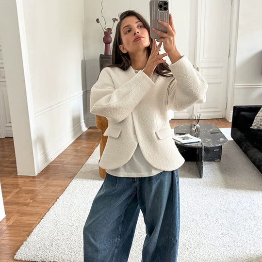 Damen Kurzjacke im Bouclé-Stil mit Oversize-Ärmeln und Pattentaschen Shop Nory