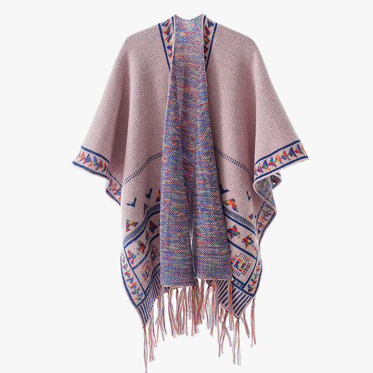Damen Grobstrick-Poncho mit eingewebter Ethno‑Bordüre und Fransen Shop Nory