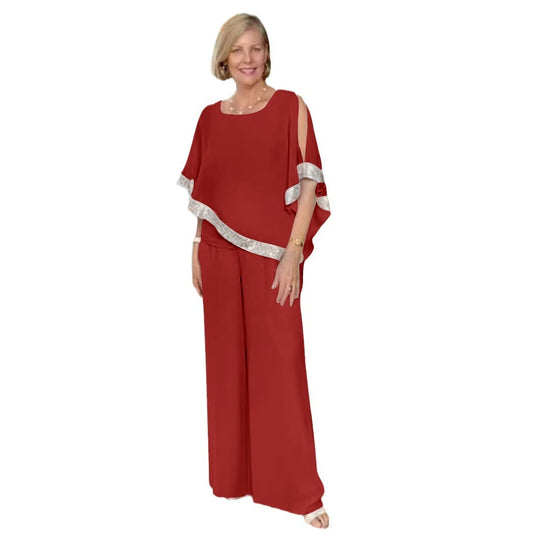 Damen elegantes Zweiteiler-Outfit mit luftiger Bluse und weitem Hosenstil Shopnory