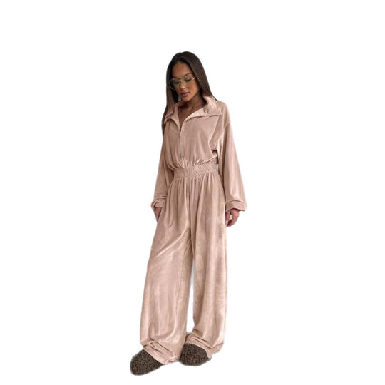 Damen Velours-Overall mit Reißverschluss, elastischem Taillenbund und weitem Palazzo-Bein Shop Nory