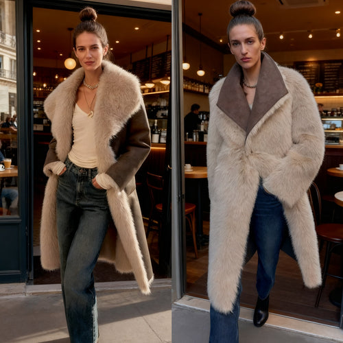 Damen Langer Kunstfell-Shearlingmantel mit übergroßem Schalkragen und aufgesetzten Taschen Shop Nory