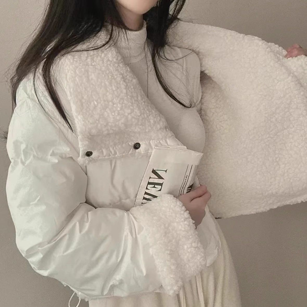 Damen nan kurze gesteppte Pufferjacke mit Teddykragen, krempelbaren Ärmeln und Tunnelzugsaum Shop Nory