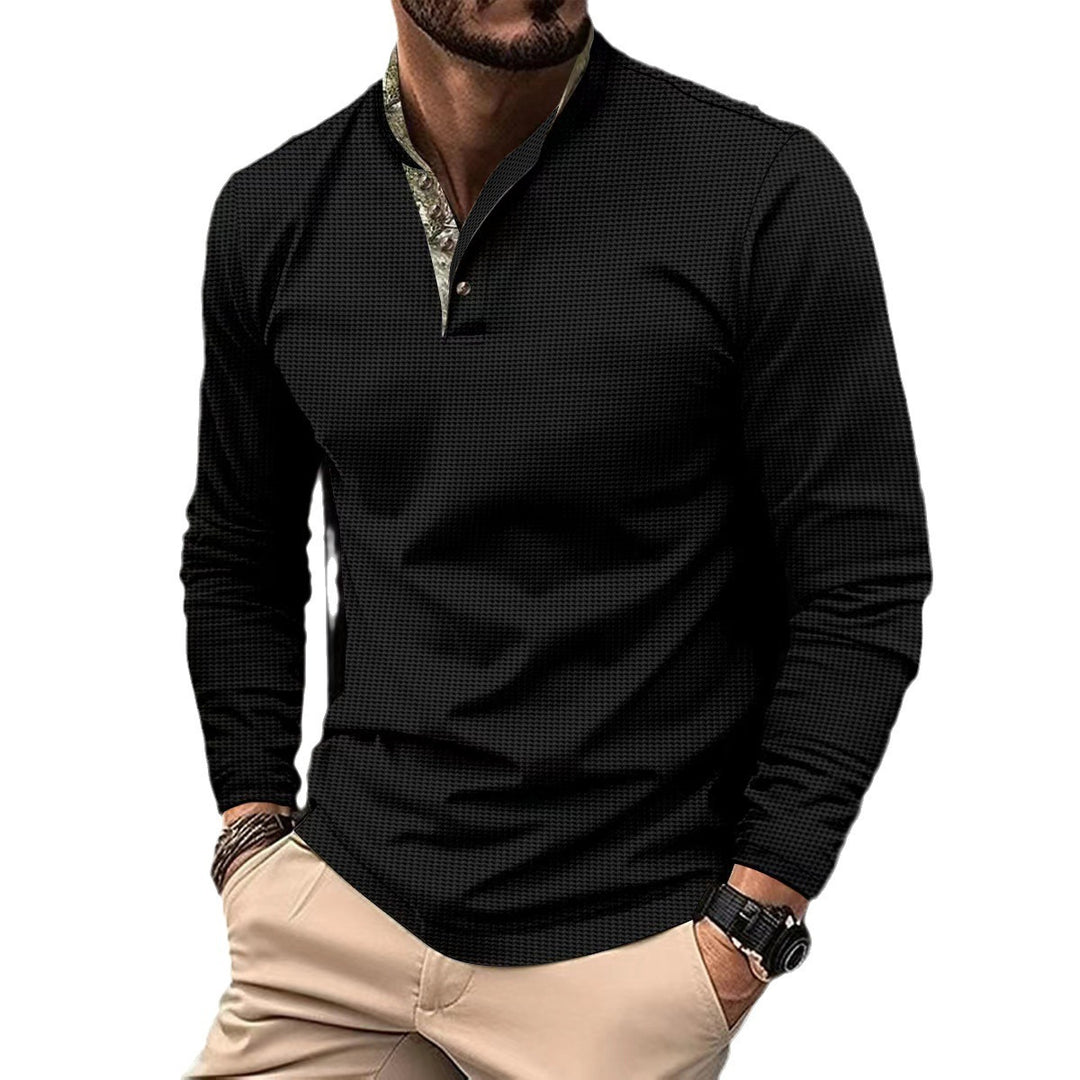 Herren nan langärmliges Henley-Poloshirt mit Stehkragen, feiner Struktur und gemustertem Innenkragen Shop Nory