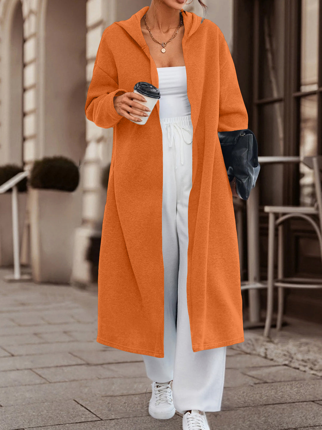 Damen Langer Oversize Kapuzenmantel mit offener Front und weichem Fleece Shop Nory