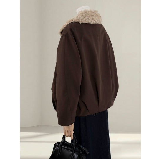 Damen Kurze Oversize-Bomberjacke mit Teddykragen und Druckknopfdetails Shop Nory