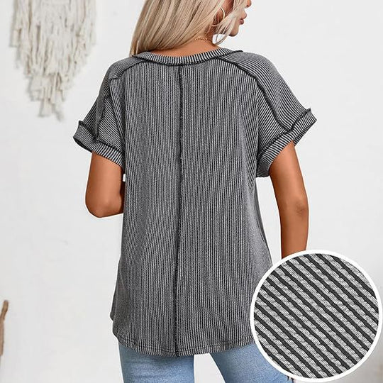 Damen Geripptes V-Ausschnitt Kurzarm-Feinstricktop mit umgeschlagenen Ärmeln Shop Nory