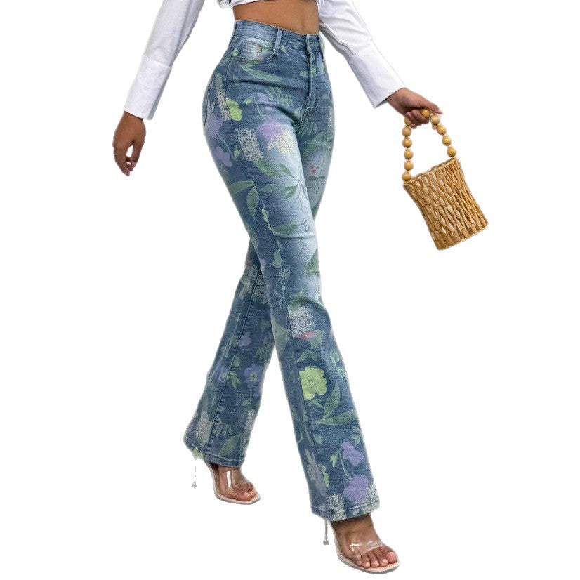 Damen Hochtaillierte Straight-Jeans mit floraler Allover-Print und leichtem Schlag Shop Nory