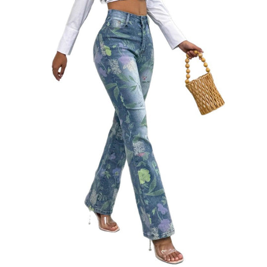 Damen Hochtaillierte Straight-Jeans mit floraler Allover-Print und leichtem Schlag Shop Nory