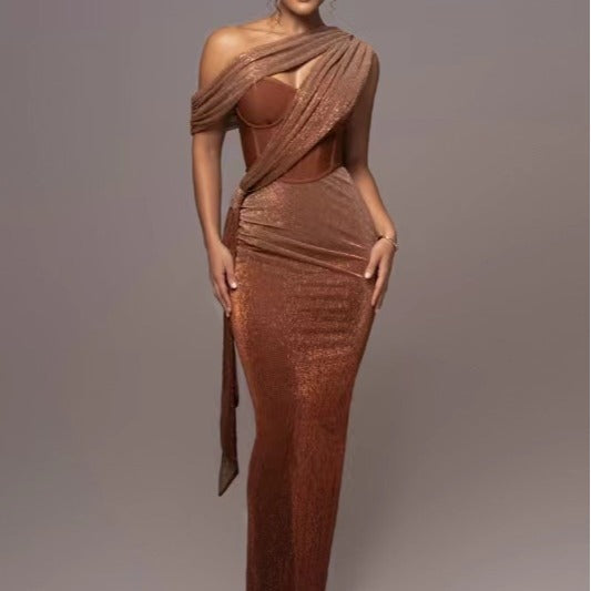 Damen Glamouröses Maxi-Abendkleid mit asymmetrischem Ausschnitt und schimmerndem Drapierungsdesign Shopnory