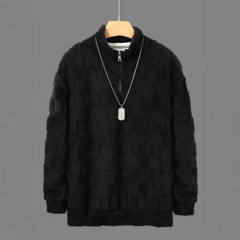 Herren karierter Sherpa-Halbzip-Pullover mit hohem Stehkragen und weicher Teddy-Fleece-Qualität Shop Nory