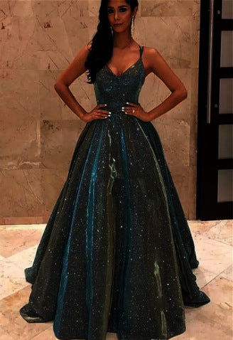 Damen Spaghettiträger V-Ausschnitt A-Linie Glitzer Maxi Ballkleid