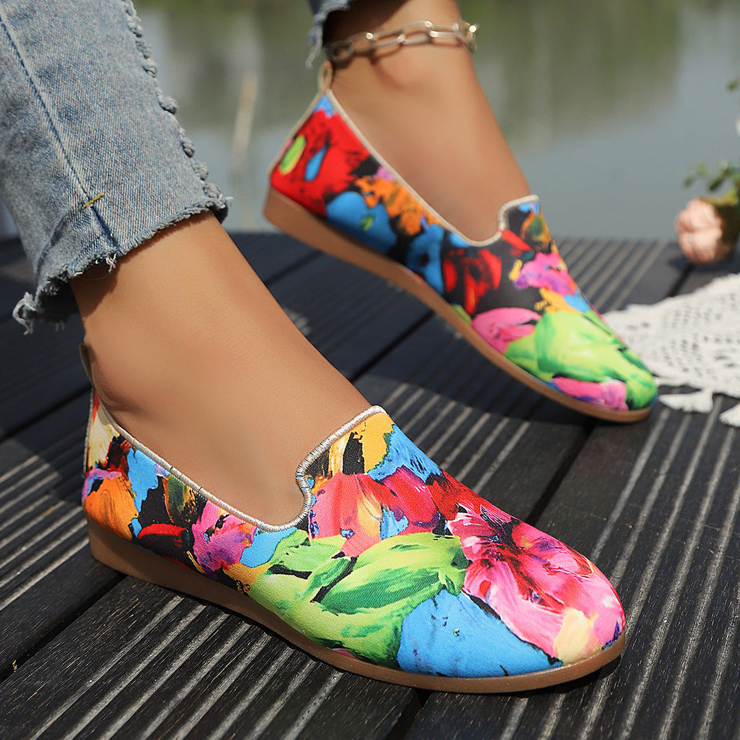 Damen Slip-On Mokassins mit buntem Pflanzenmuster Shopnory