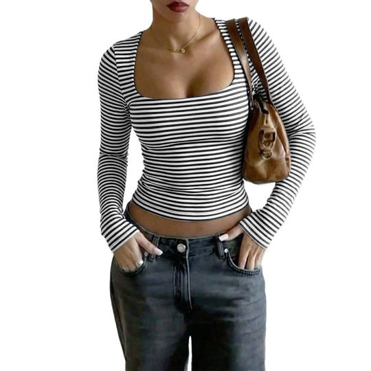 Damen nan gestreiftes tailliertes Langarm-Cropped-Shirt aus Baumwollstretch Shop Nory