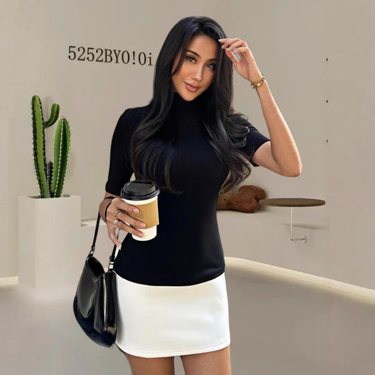 Damen figurbetontes T-Shirt mit Stehkragen und kurzen Ärmeln Shopnory