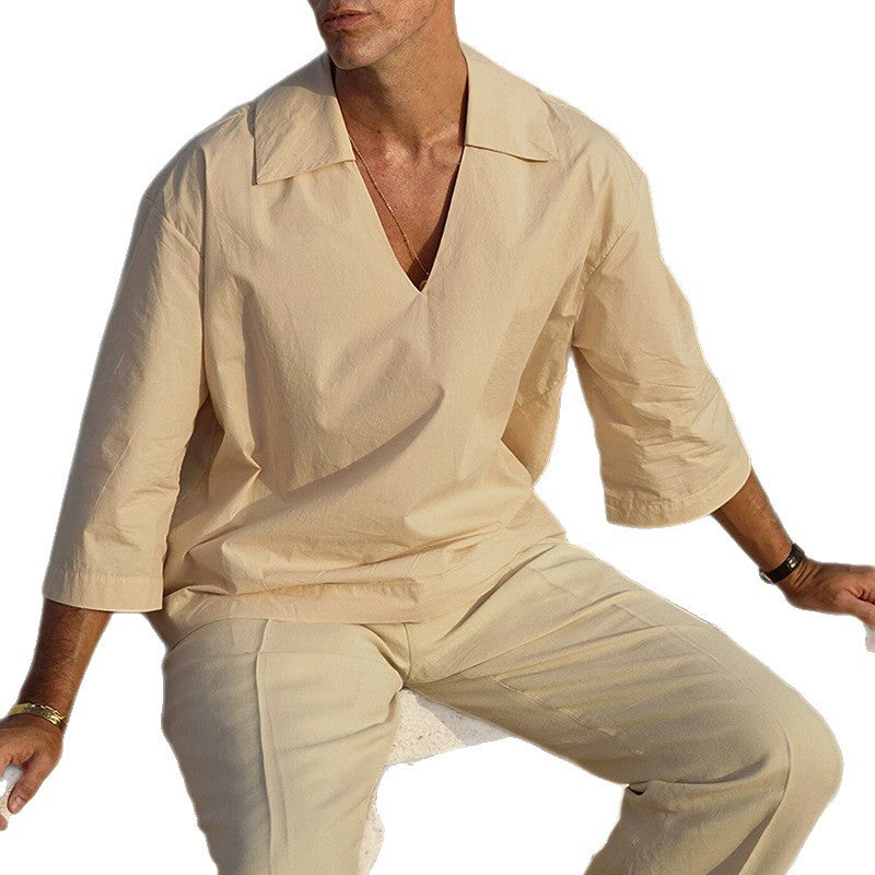 Herren Oversized-Hemd mit tiefem V‑Ausschnitt und Leinen‑Baumwoll‑Mix Shop Nory