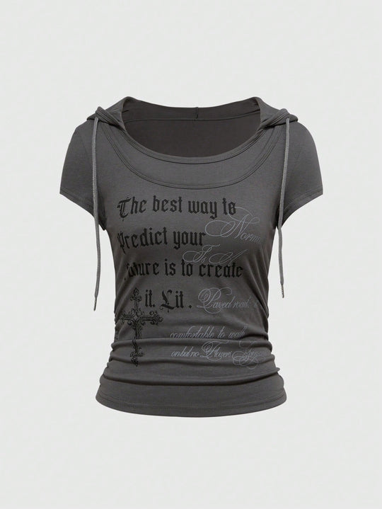 Damen Kapuzen-T-Shirt mit einzigartigem Schriftzug Shopnory