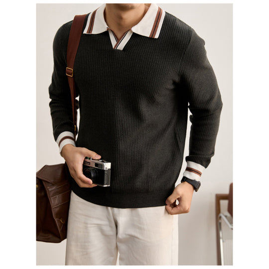 Herren Feinstrick-Polo mit V-Ausschnitt, gerippter Struktur und kontrastierenden Bündchen Shop Nory