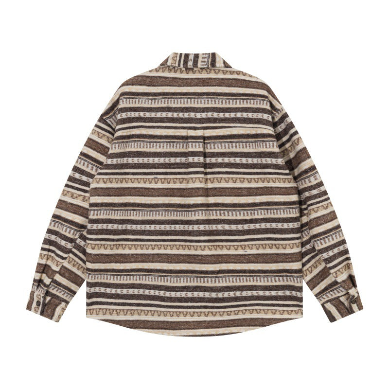 Unisex Oversize-Strickshirtjacke im Ethno‑Streifenmuster mit Pattentaschen Shop Nory