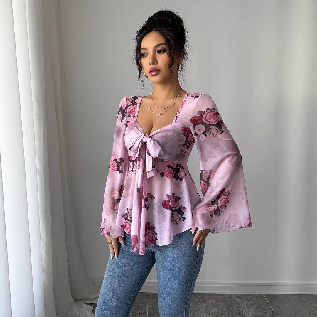 Damen Transparente Chiffon-Babydoll-Bluse mit Knotenfront und floralem Allover-Print Shop Nory