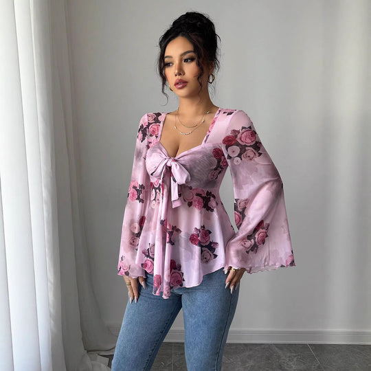 Damen Transparente Chiffon-Babydoll-Bluse mit Knotenfront und floralem Allover-Print Shop Nory