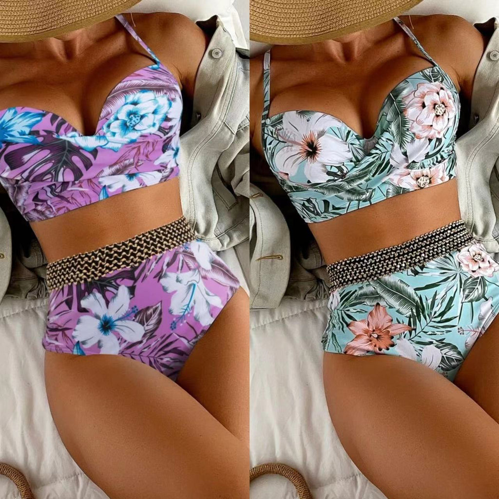 Damen Hochtaillierter Bikini mit floralem Oberteil Shopnory