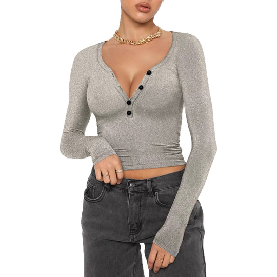 Damen nan figurbetontes geripptes Longsleeve mit Henley-Knopfleiste und tiefem V-Ausschnitt Shop Nory