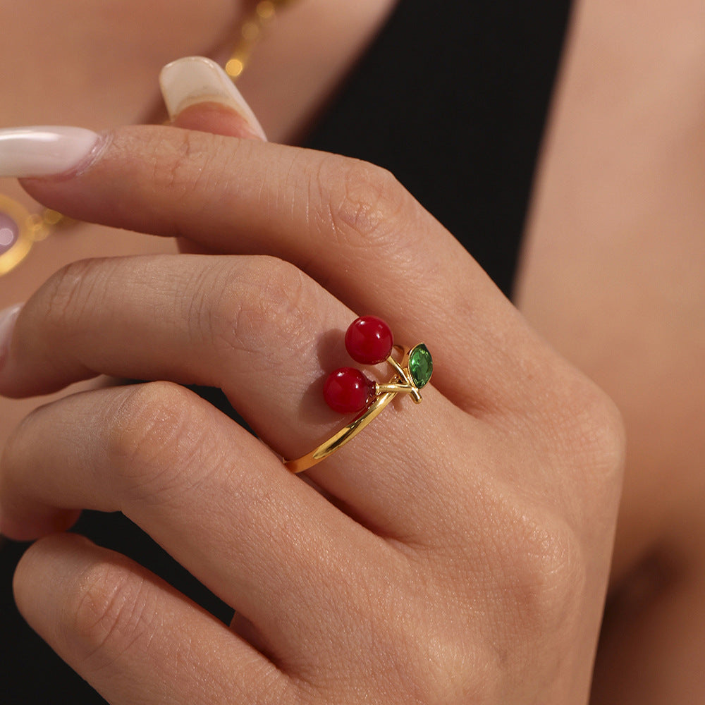 Damen Offener Ring mit Kirschmotiv aus hochwertigem Edelstahl und funkelnden Strasssteinen Shop Nory