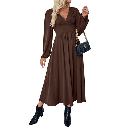 Damen Maxikleid Wickeloptik mit V-Ausschnitt, Empire-Taille und langen Ballonärmeln Shop Nory