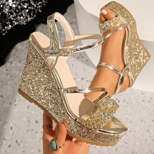 Damen Glamouröse Wedge-Sandalen mit glitzernden Riemen und verstellbarem Verschluss