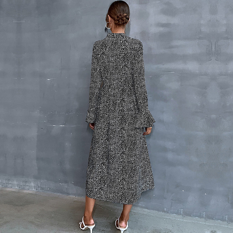 Damen Midikleid mit Stehkragen und Bindeschleife, Langarm A‑Linie mit feinem Pünktchenmuster Shop Nory