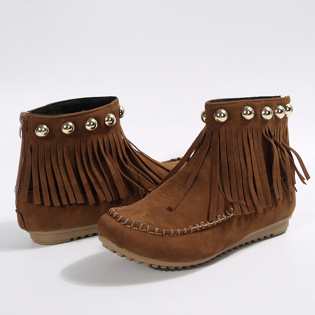 Damen Fransen-Mokassin-Stiefelette mit Ziernieten und Rückenreißverschluss Shop Nory