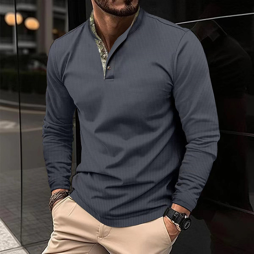 Herren nan langärmliges Henley-Poloshirt mit Stehkragen, feiner Struktur und gemustertem Innenkragen Shop Nory