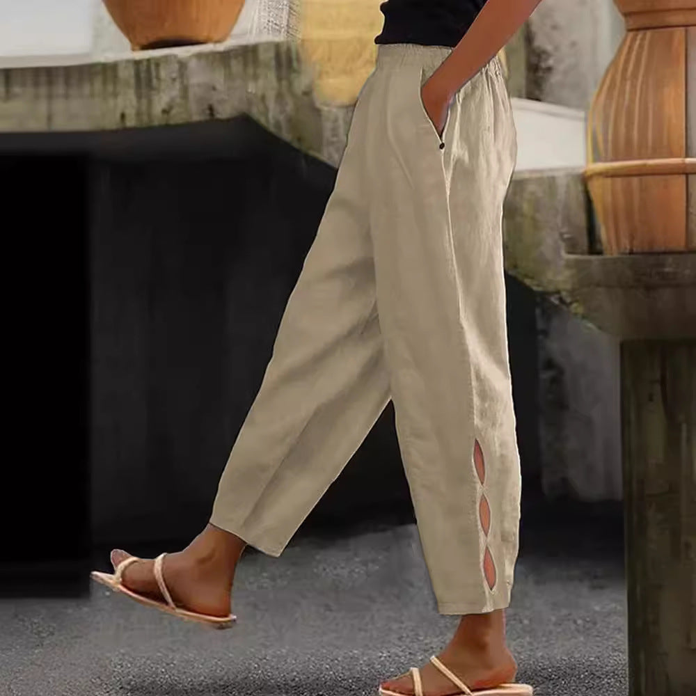 Damen Leichte Leinenhose mit seitlichen Schlitzen und elastischem Bund
