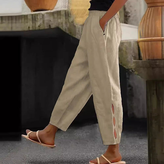 Damen Leichte Leinenhose mit seitlichen Schlitzen und elastischem Bund
