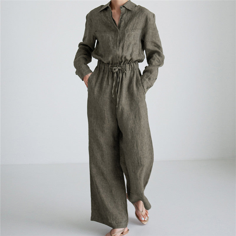 Damen Langer Leinen‑Einteiler mit Hemdkragen, Kordeltaillenbund und weitem Bein Shop Nory