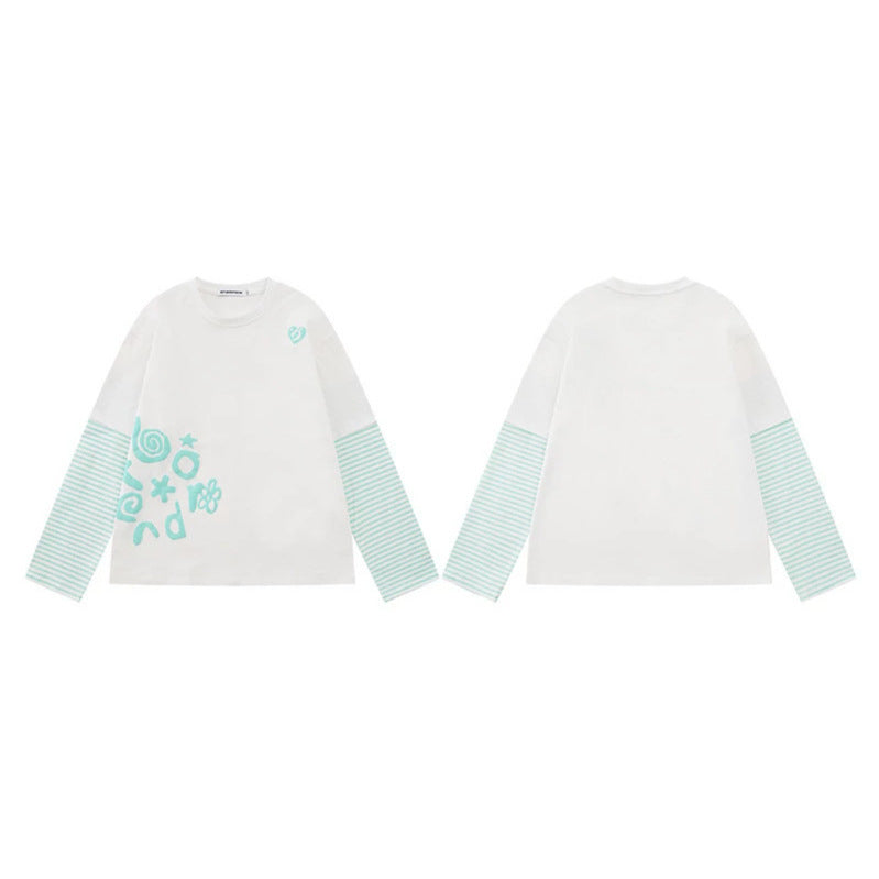 Damen Lagen-Langarmshirt im Layer-Look mit gestreiften Einsatzärmeln und verspieltem Grafik-Doodle-Print Shop Nory