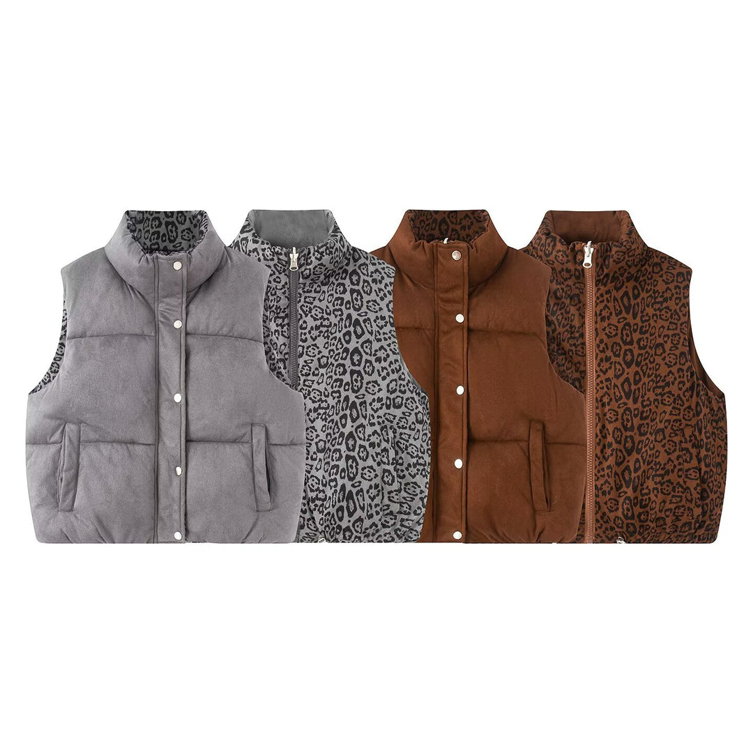 Damen Gepolsterte Steppweste mit hohem Stehkragen und Leoprint-Futter Shop Nory